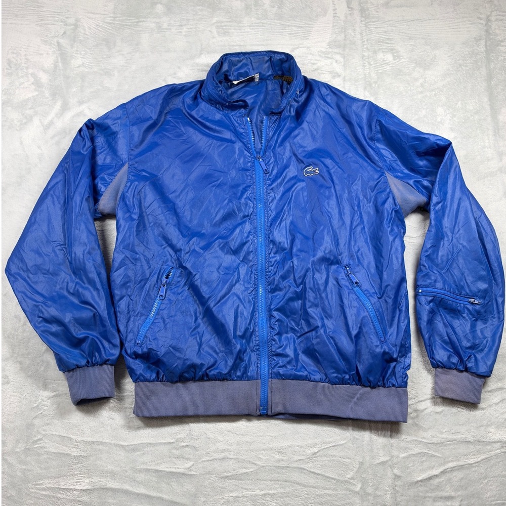 Vintage IZOD Lacoste Jacket Men L Blue Nylon FullZip Bomber Blue Croc 80s Taiwan